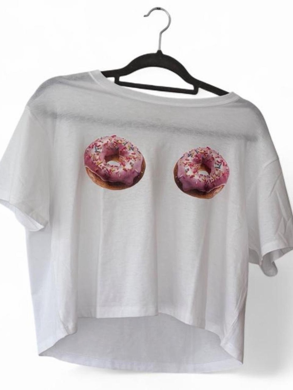 White Women’s Cropped Tee with Pink Donut Print